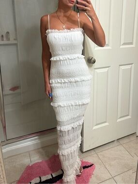 Commense White Smocked Ruffle Maxi Dress
